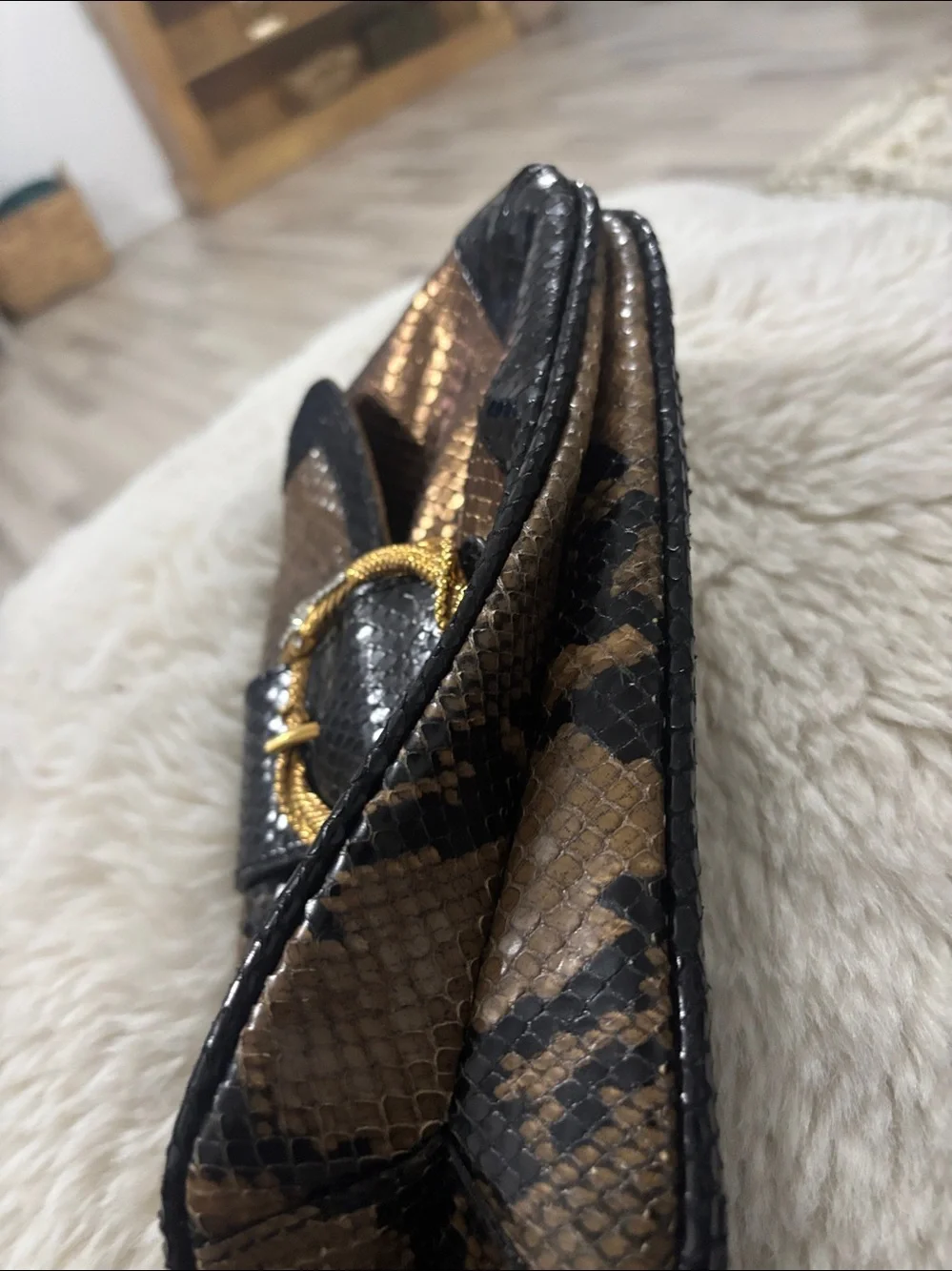 Doncaster Embossed Snakeskin Leather Clutch Bronze Gold‎ Rhinestone Snake